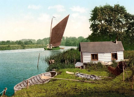 Eel fishing hut on the Bore, Bure River, England, c. 1890, Historic, digitally restored