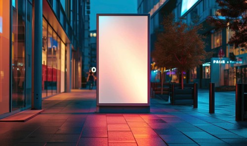 Blank street billboard on city street. Mock up of vertical advertising stand in the street AI