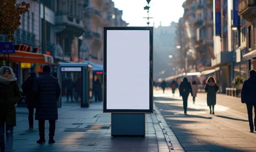 Blank street billboard on city street. Mock up of vertical advertising stand in the street AI