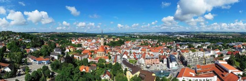 Aerial view of Dingolfing with a view of the historic town centre. Dingolfing, Lower Bavaria,
