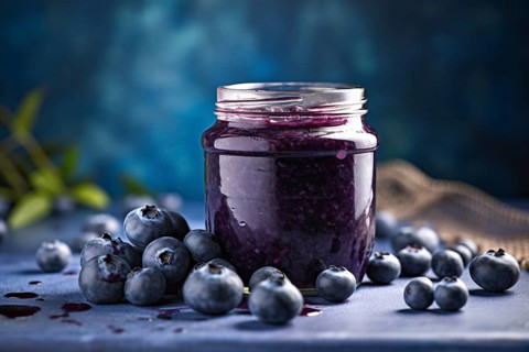 Glass jar with blueberry jam or marmelade. KI generiert, generiert AI generated