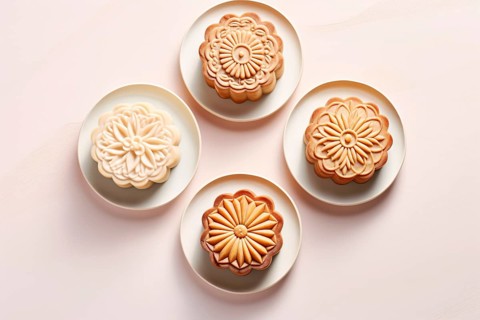Top view of Chinese mooncakes on small splates. KI generiert, generiert AI generated