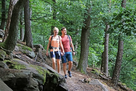 Symbolic image: Young couple hiking in the Palatinate Forest, here on the fifth stage of the