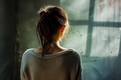 Back view of a young woman shrouded in subdued sunlight near a window, symbolising depression and