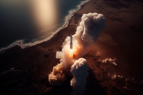 Aerial view of a rocket launch at sunrise sunset over an ocean coast. The rocket is blasting off