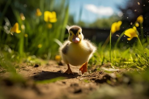 A close-up of a cute duckling standing in a sunlit meadow, with other ducklings and wildflowers in