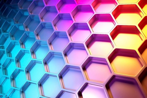 Metallic honeycomb pattern illuminated with vibrant gradient colors abstract background, AI