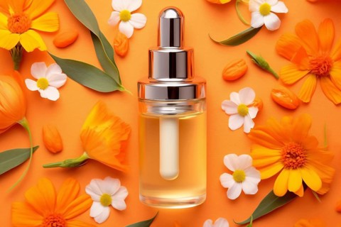 Beauty face serum surrounded by flowers on orange background. KI generiert, generiert AI generated