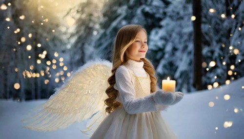 AI generated, girl, angel, winter, snow, ice, firs, snowy, snowflakes, winter landscape, costume,