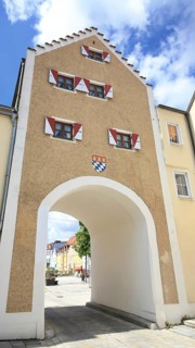 The historic old town centre of Dingolfing with a view of the Wollertor. Dingolfing, Lower Bavaria,