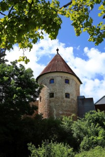 The historic old town centre of Dingolfing with a view of the historic tower. Dingolfing, Lower