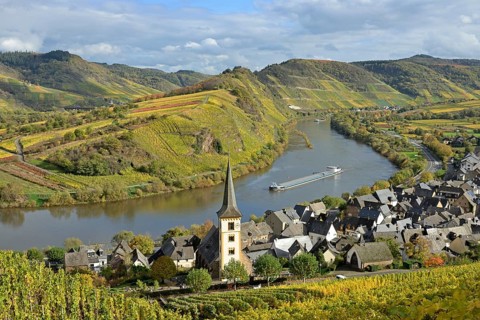 View over the wine village of Bremm am Calmont with St Laurentius Church, cargo ship on the