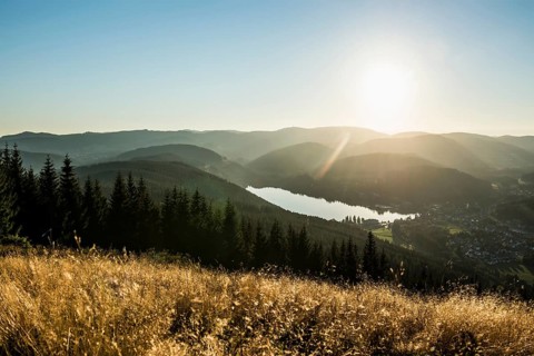 View from Hochfirst to Titisee and Feldberg, sunset, near Neustadt, Black Forest,