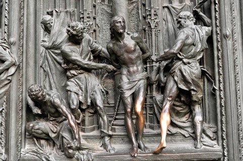 Door decoration in the entrance area, church motifs, Milan Cathedral, Duomo, start of construction