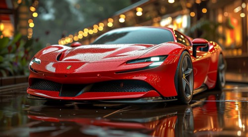 A sleek red Ferrari on a wet city street at dusk with blurred lights in the background, AI