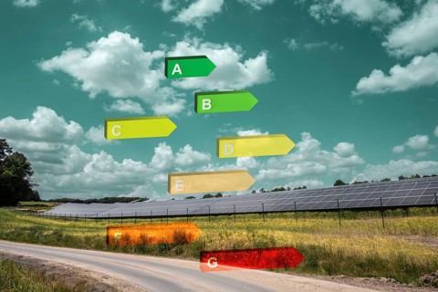 Solar panel system with EU energy label, symbolic image