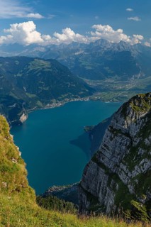 View from Niederbauen Kulm (1923m) to Flueelen and Altdorf, Lake Lucerne, Canton Uri, Switzerland,