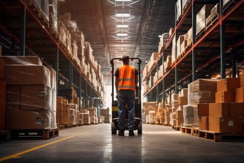 A worker in a reflective vest operates a forklift in a well-lit warehouse, navigating through