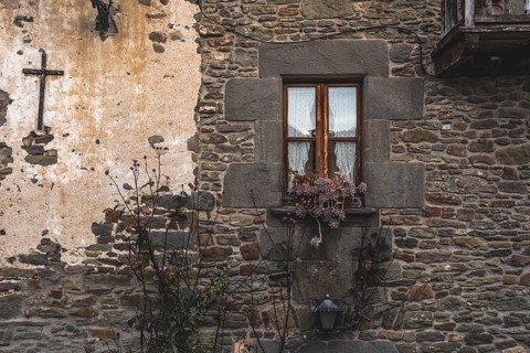 Detail of a window in a medieval house in Rupit in Catalonia Spain