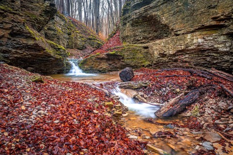 Waterfall in the Rautal forest in Jena in winter, Jena, Thuringia, Germany, Europe