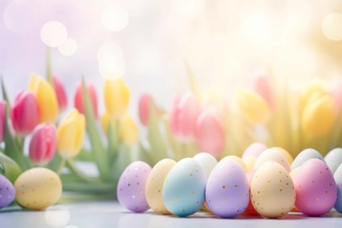 Pastel colored Easter eggs with dots and tulip spring flowers. KI generiert, generiert AI generated