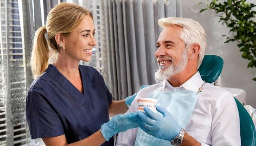 AI generated, dentist treats an attractive older man, senior, seniors, 65, dentist, blonde, 30, 35,