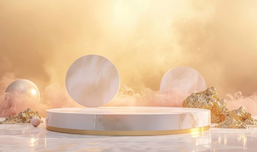 Podium for product presentation. Abstract background with empty round stage with gold decoration