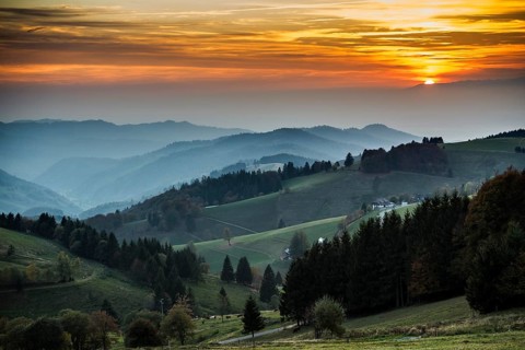 Hilly landscape, sunset, view from Schauinsland into Muenstertal, near Freiburg im Breisgau, Black