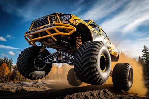 Monster truck driving and jumping outdoors amidst a cloud of dust. Thrill and adrenaline of an