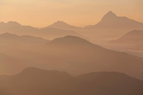 Mountain peak in the haze, sunrise, summer, view from Jochberg to Guffert and Bavarian Alps, Upper