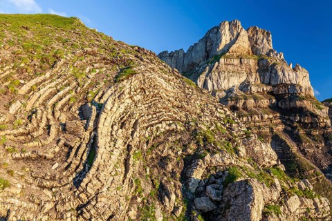 Rock formations, karst landscape in front of mountains, summer, evening light, Hoher Ifen, Allgaeu