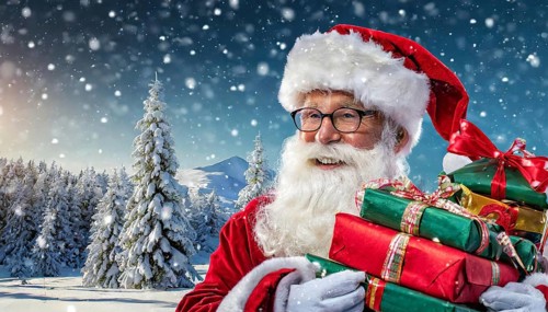 AI generated, man, 70+, Father Christmas, red coat, backpack, full beard, winter, snow, ice, fir