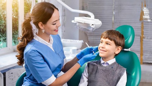 AI generated, dentist treats little boy, dentist, blonde, 30, 35, years, dental treatment,
