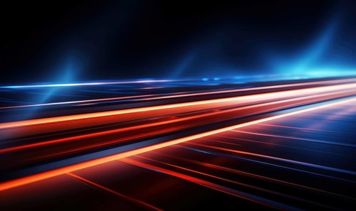 Abstract technology background with blue and red glowing lines and bokeh AI generated