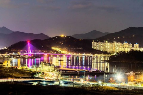 Night view of harbor in Yeosu, South Korea, Asia