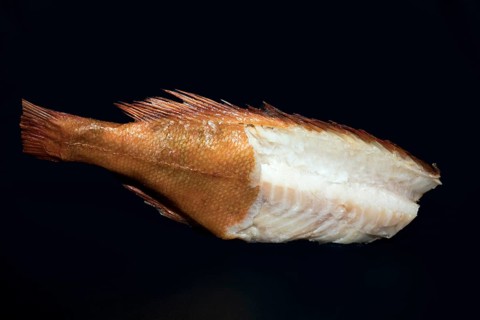 Smoked redfish without head, with half of the skin removed and part of the back fillet cut out,