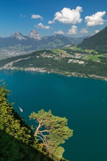 View from Seelisberg over Lake Lucerne Brunnen and the two Mythen, Canton Uri, Switzerland,