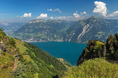 View from Niederbauen Kulm (1923m) to Fronalpstock (2123m) and Sisikon, Lake Lucerne, Canton Uri,