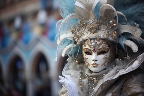 A person adorned in an elaborate and elegant costume, capturing the essence of the Venice Carnival