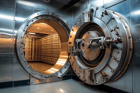 Open bank vault door, revealing a room filled with safety deposit boxes in safe depositary. The