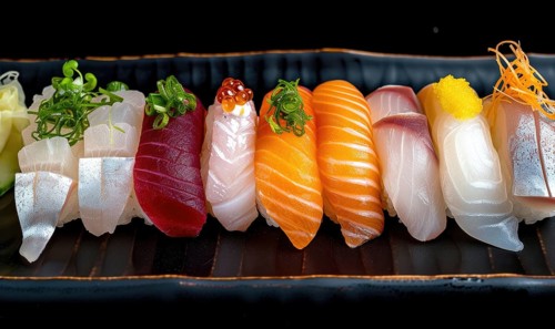 Japanese Sushi Set, Different Types of Nigiri Sashimi AI generated