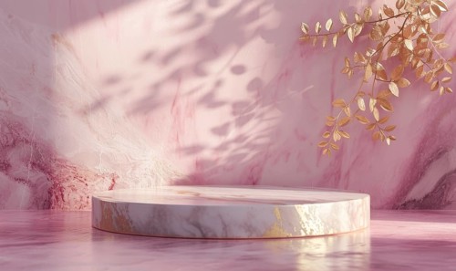 Pink marble podium with shadow of leaves and rose quartz texture background AI generated