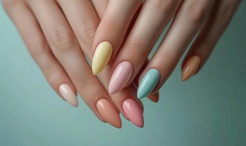 Female hands with pink and beige nail design. Nail polish manicure AI generated