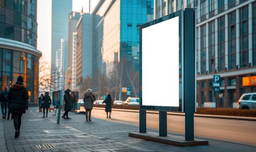 Blank street billboard on city street. Mock up of vertical advertising stand in the street AI