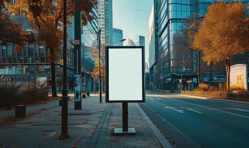 Blank street billboard on city street. Mock up of vertical advertising stand in the street AI