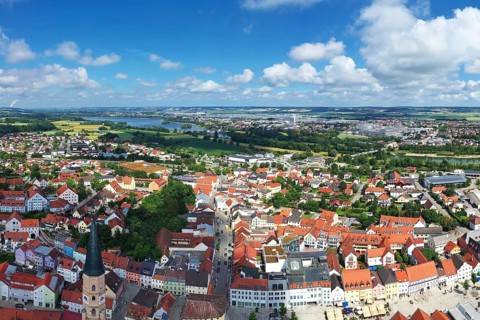 Aerial view of Dingolfing with a view of the historic town centre. Dingolfing, Lower Bavaria,