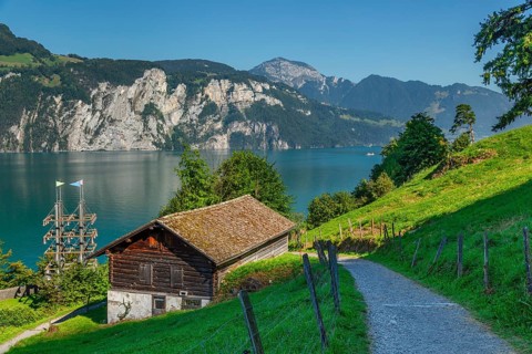 Glockenspiel at the Tellsplatte on the Swiss Path, Sisikon, Lake Lucerne, Canton Uri, Switzerland,