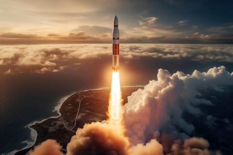 Aerial view of a rocket launch at sunrise sunset over an ocean coast. The rocket is blasting off