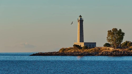 Lighthouse on the coast at dusk with a flying bird in the background, Gythio, Mani, Peloponnese,