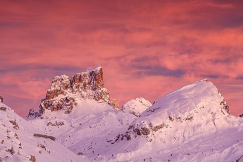 Dawn over snow-covered mountains, winter, view from the Falzarego Pass to Averau, Dolomites, South